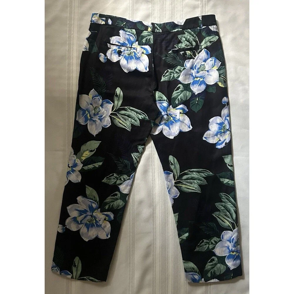 Banana Republic Avery FitLinen Blend Floral Print Ankle Pants Black Blue Size 10
